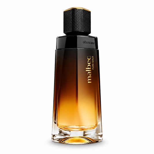 Malbec Pure Gold Eau de Parfum, frasco âmbar com tampa preta texturizada, vista frontal em fundo branco