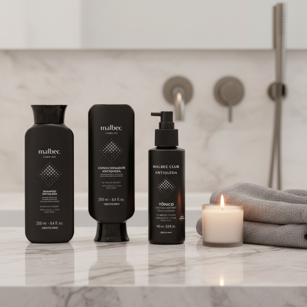 Kit Malbec Cuidados Antiqueda em ambiente spa masculino sofisticado