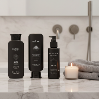 Kit Malbec Cuidados Antiqueda em ambiente spa masculino sofisticado
