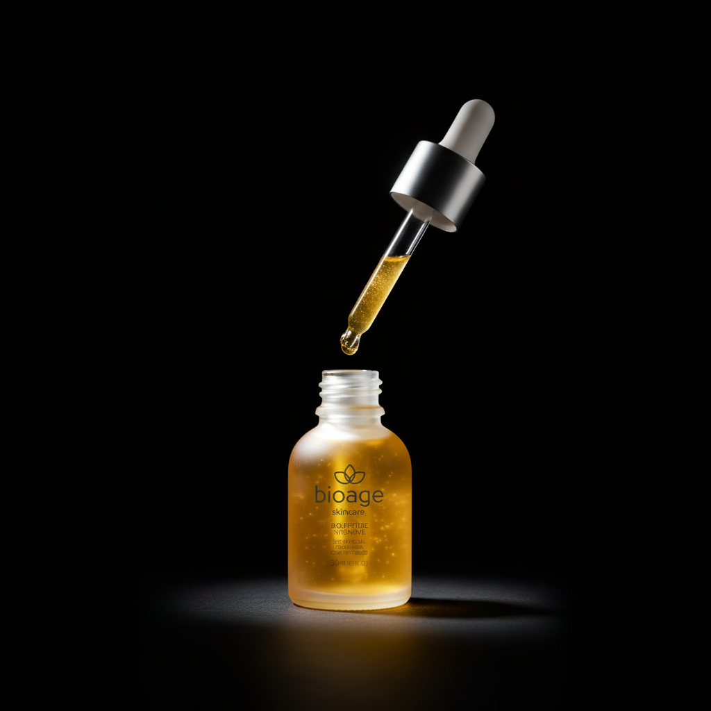 Gota de sérum dourado caindo do conta-gotas Bioage Bio.Peptide Intensive