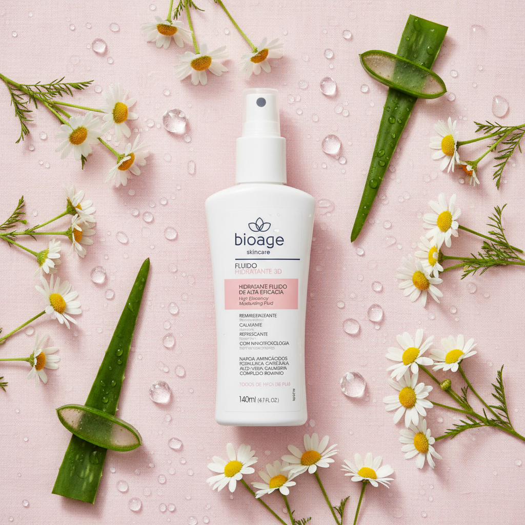Flat lay Fluido Hidratante 3D Bioage com ingredientes naturais