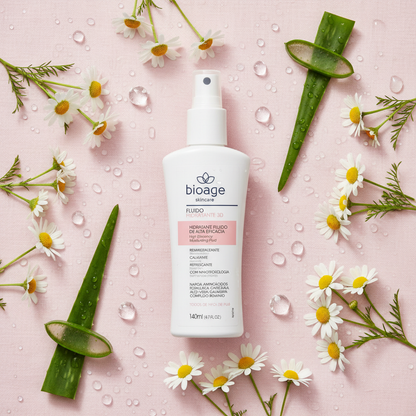 Flat lay Fluido Hidratante 3D Bioage com ingredientes naturais