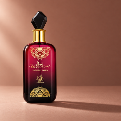 Al Wataniah Sabah Al Ward Eau de Parfum Feminino, com luz lateral e sombra alongada em fundo rosa caramelado