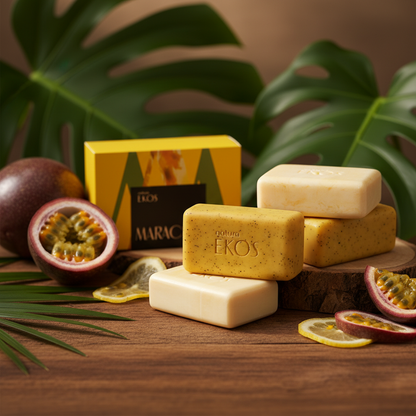 Sabonete de maracujá com frutas frescas e folhas tropicais