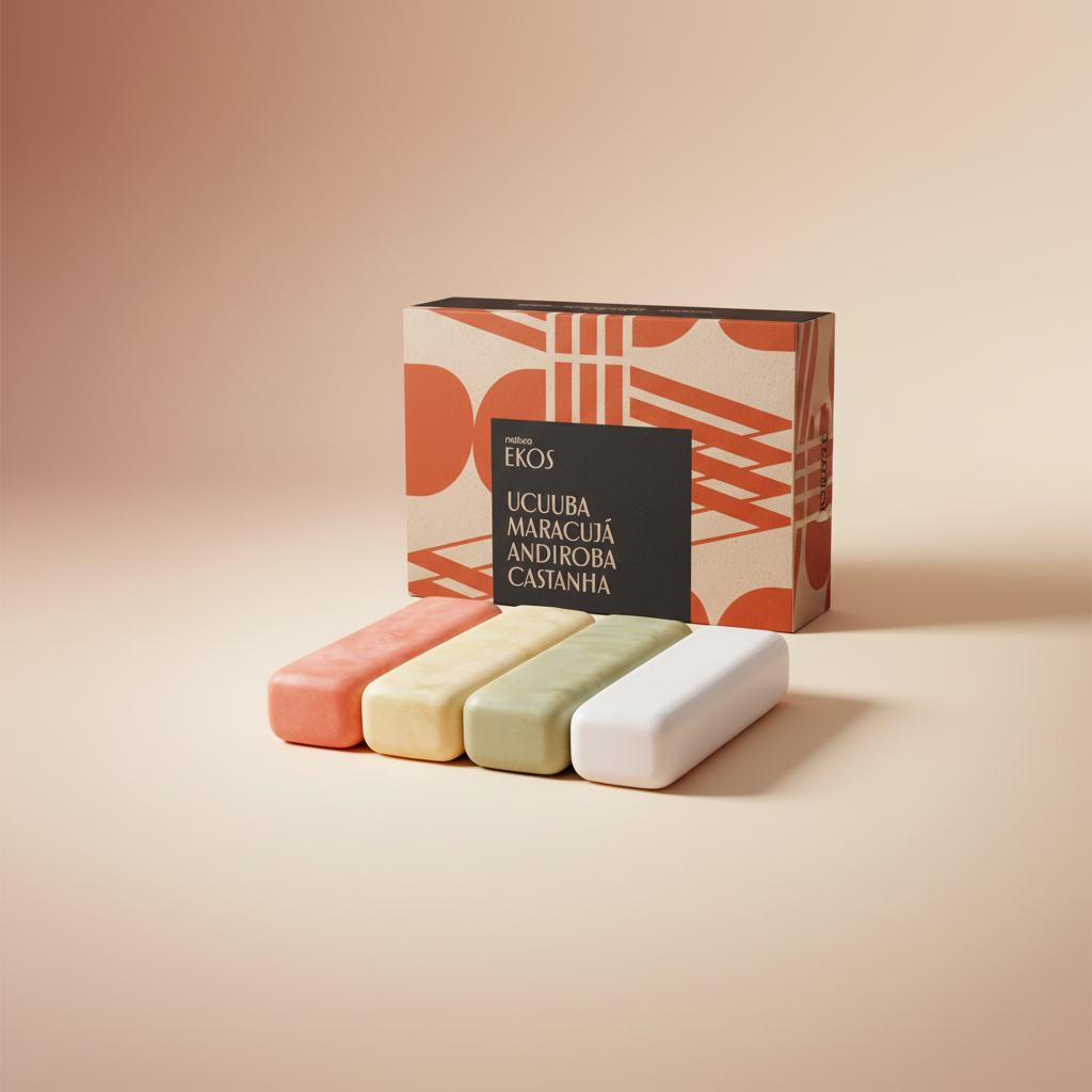 Kit de sabonetes Natura Ekos Ucuuba Maracujá Andiroba Castanha em composição minimalista terracota