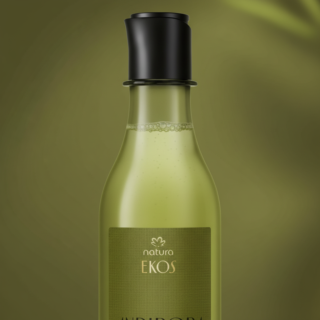 Detalhe premium da tampa e do rótulo do Sabonete Líquido Corporal Natura Ekos Andiroba 195 ml