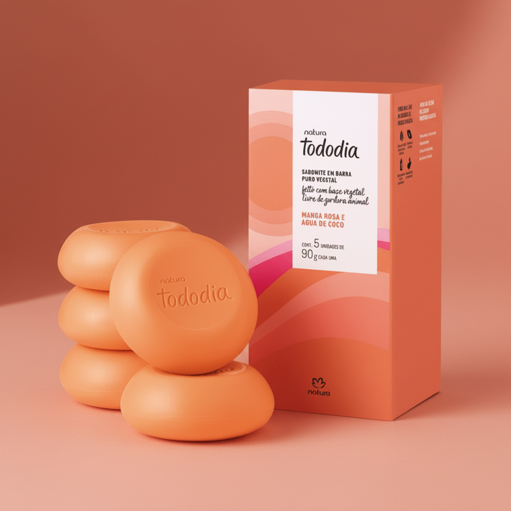Kit Natura Tododia Manga Rosa e Água de Coco em composição assimétrica com luz lateral e sombra alongada