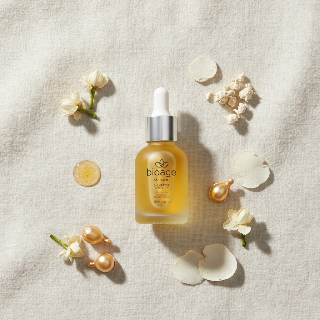 Flat lay Sérum Pró-aging Bioage com ingredientes e peptídeos