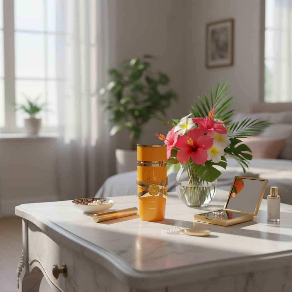 Lattafa Yara Tous - Scène naturelle sur table de vanité