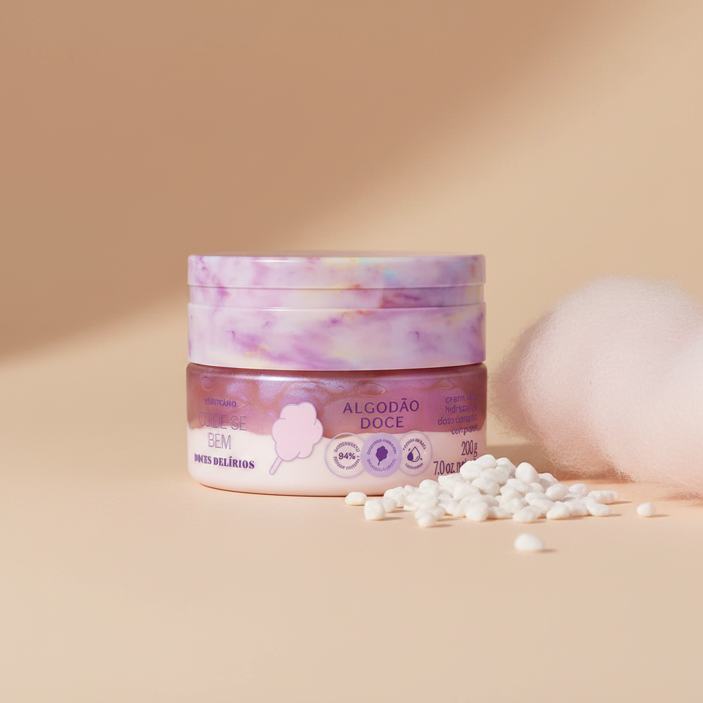 Creme Duo Hidratante Corporal Cuide-se Bem Doces Delírios - superfície bege com algodão doce
