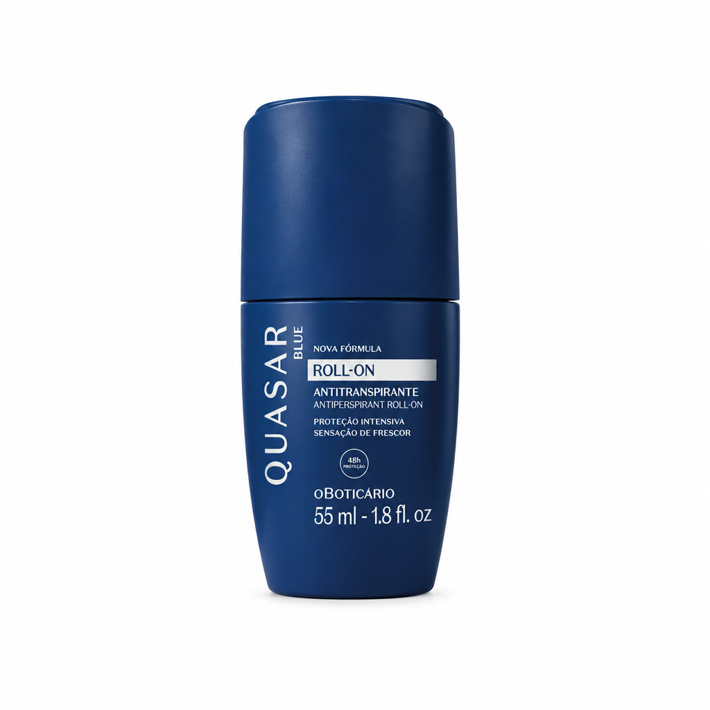 Desodorante roll-on O Boticário Quasar Blue 55 ml, de frente em fundo branco puro