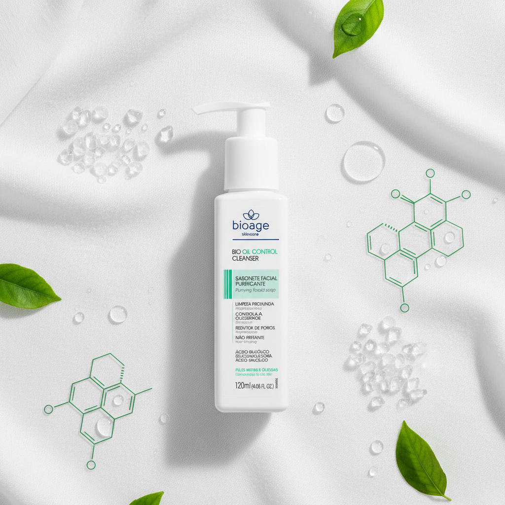 Flat lay Sabonete Facial Purificante Bioage com ingredientes AHA BHA e PHA
