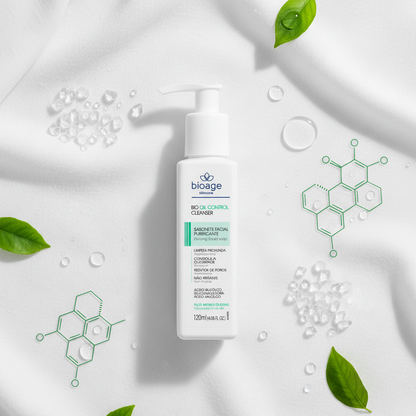 Flat lay Sabonete Facial Purificante Bioage com ingredientes AHA BHA e PHA