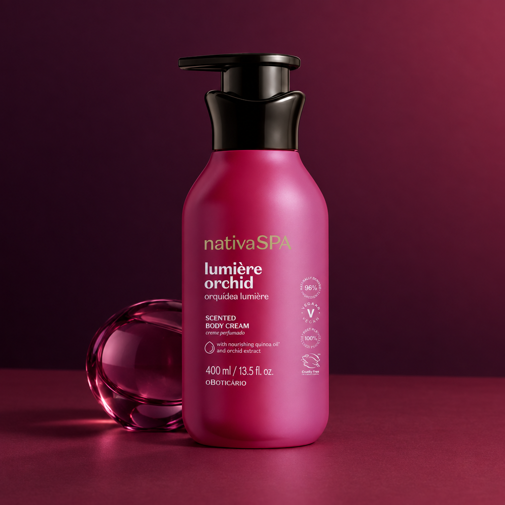 Creme Nativa SPA Orquídea Lumière em cenário minimalista colorido com vidro