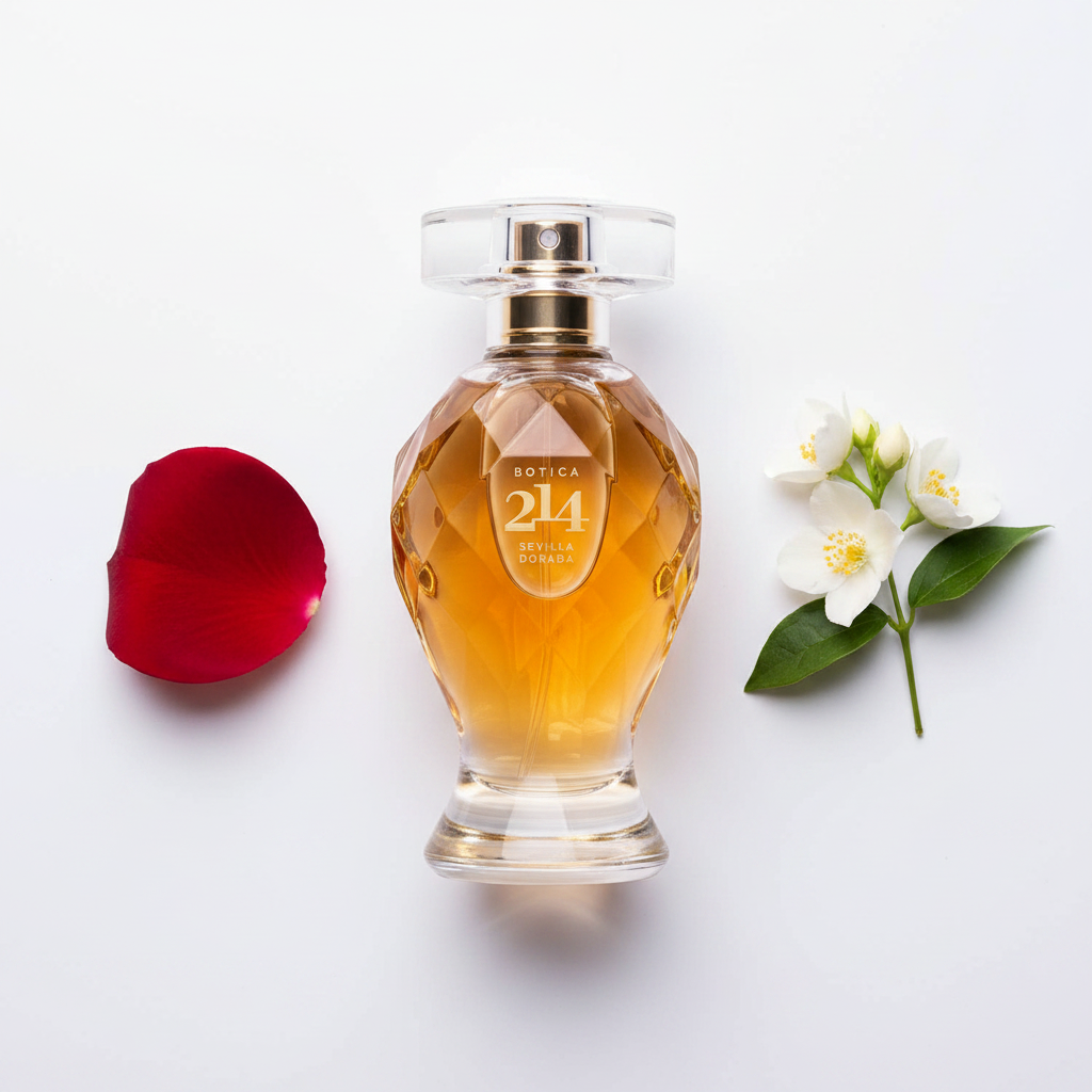 Botica 214 Sevilla Dorada EDP feminino 75ml - flat lay rosa e jasmim