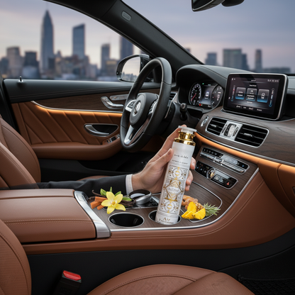 Lattafa Badee Al Oud dans un intérieur de voiture de luxe