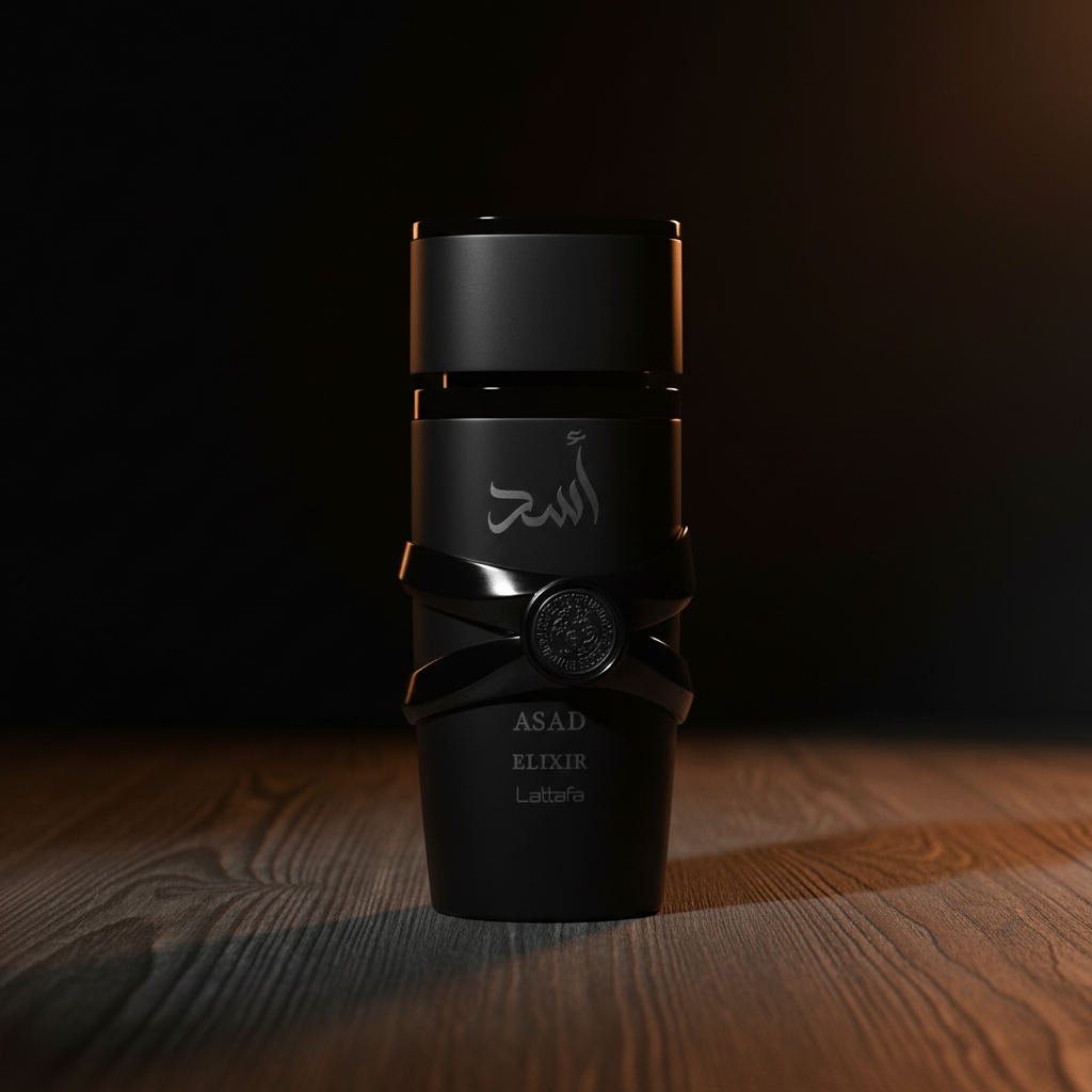 Asad Elixir em superfície de madeira escura com iluminação âmbar