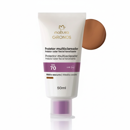 Natura Chronos Protetor Clareador FPS 70 Médio Escuro 50ml – Fundo Branco