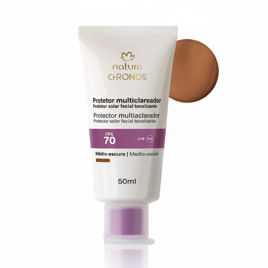 Natura Chronos Protetor Clareador FPS 70 Médio Escuro 50ml – Fundo Branco