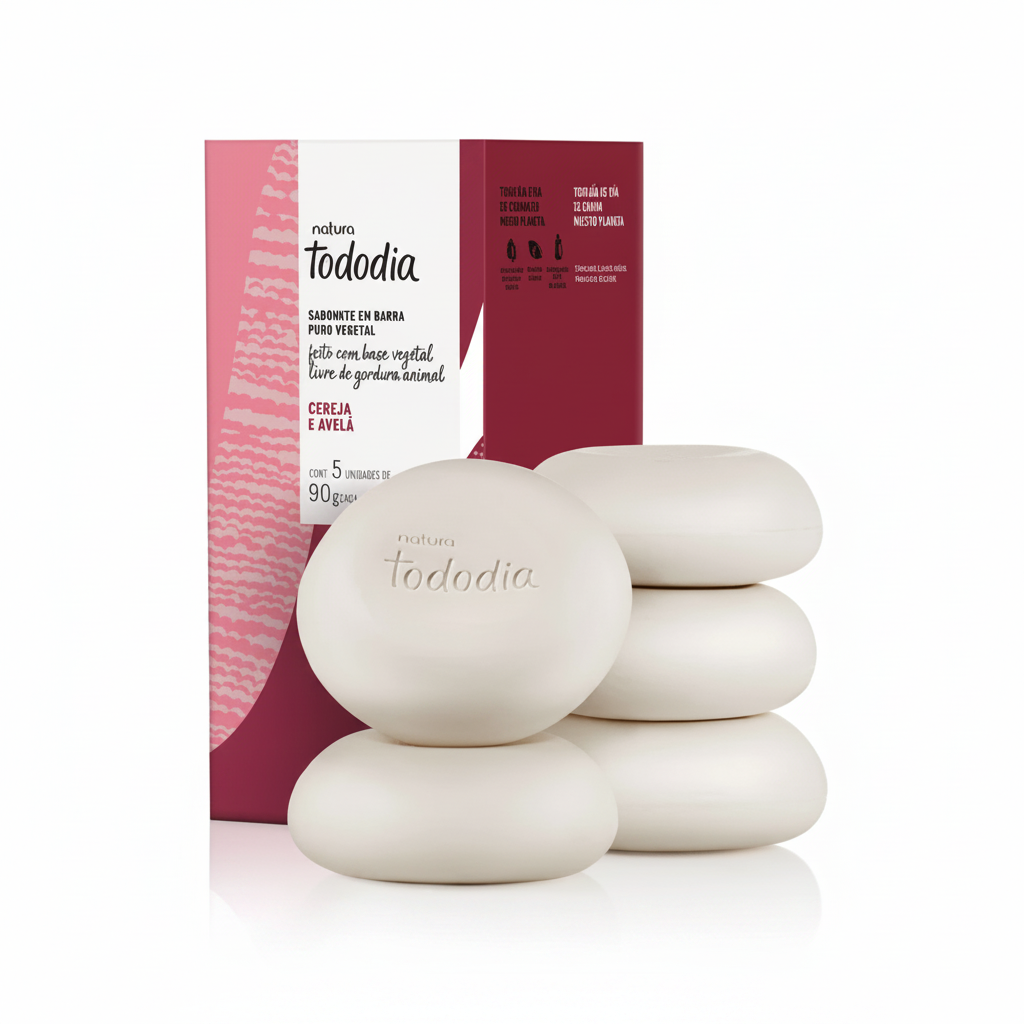 Sabonete em Barra Puro Vegetal Tododia Cereja e Avelã, kit com 5 unidades de 90 g, em fundo branco