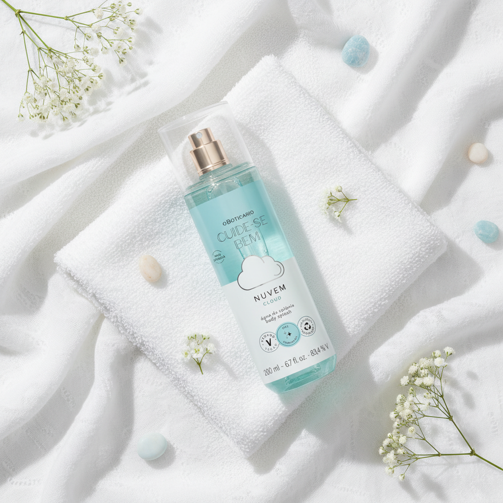 Body Splash Cuide-se Bem Nuvem – flat lay toalha e flores