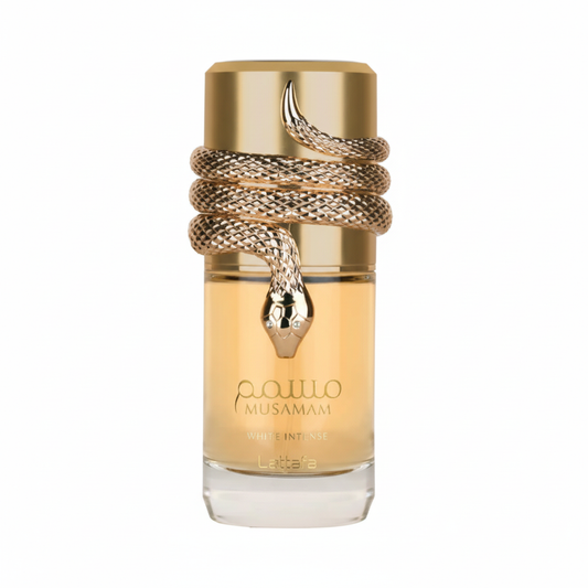 Musamam White Intense 100ml fundo branco com serpente dourada