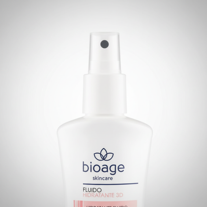 Detalhe do spray e rótulo do Fluido Hidratante 3D Bioage 140ml