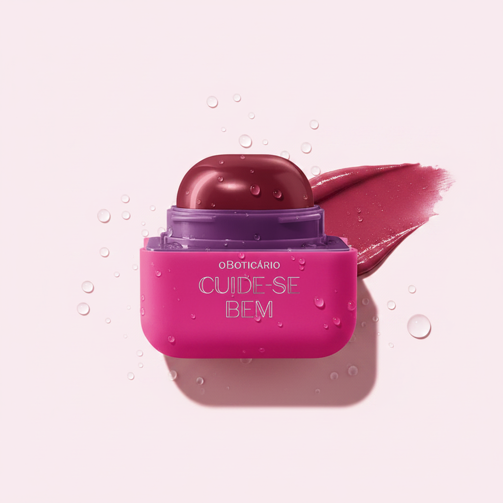 Hidratante Labial Cuide-se Bem Amoruda - fundo rosa suave com gotas