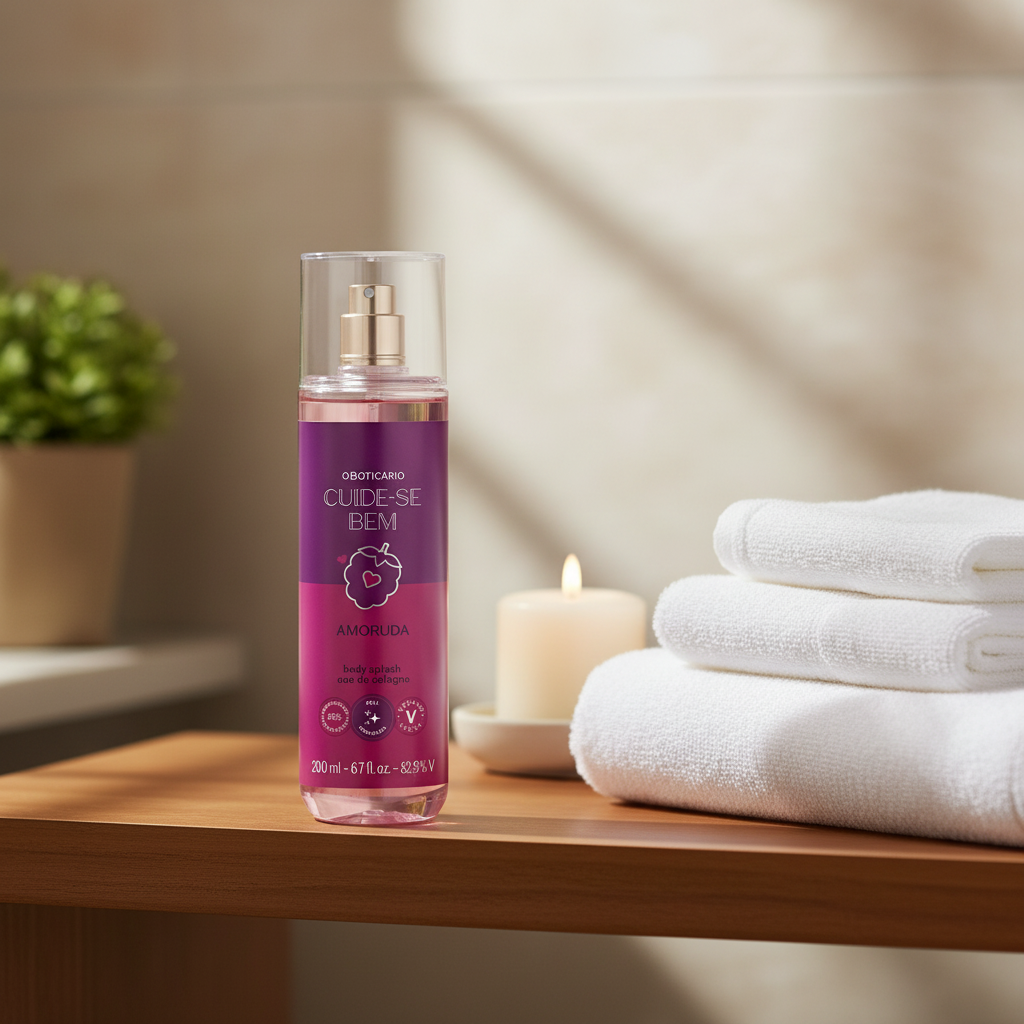 Body Splash Cuide-se Bem Amoruda - prateleira banheiro com vela e toalha