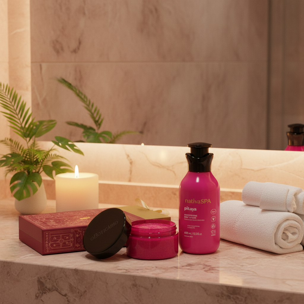 Coffret Nativa SPA Pitaya em ambiente de spa luxuoso com mármore rosa