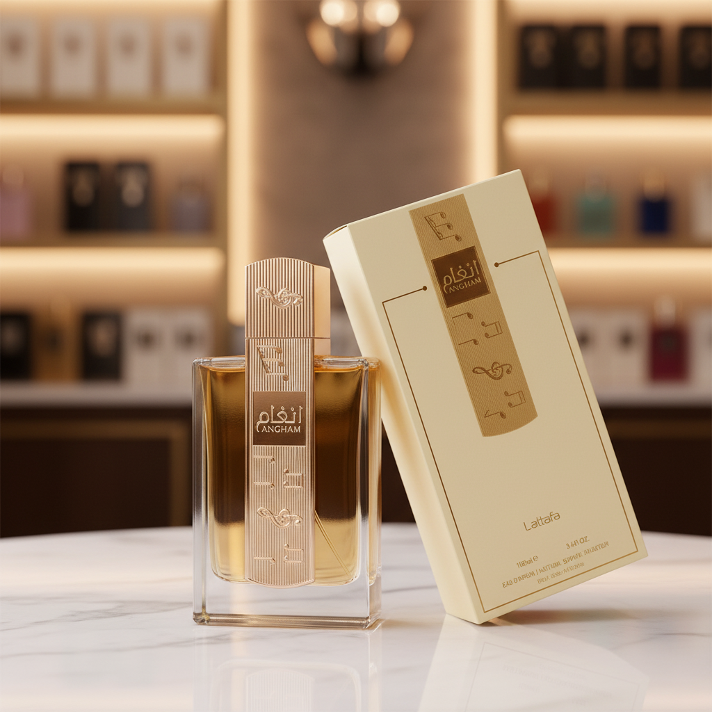 Lattafa Angham Eau de Parfum 100ml - prateleiras douradas desfocadas