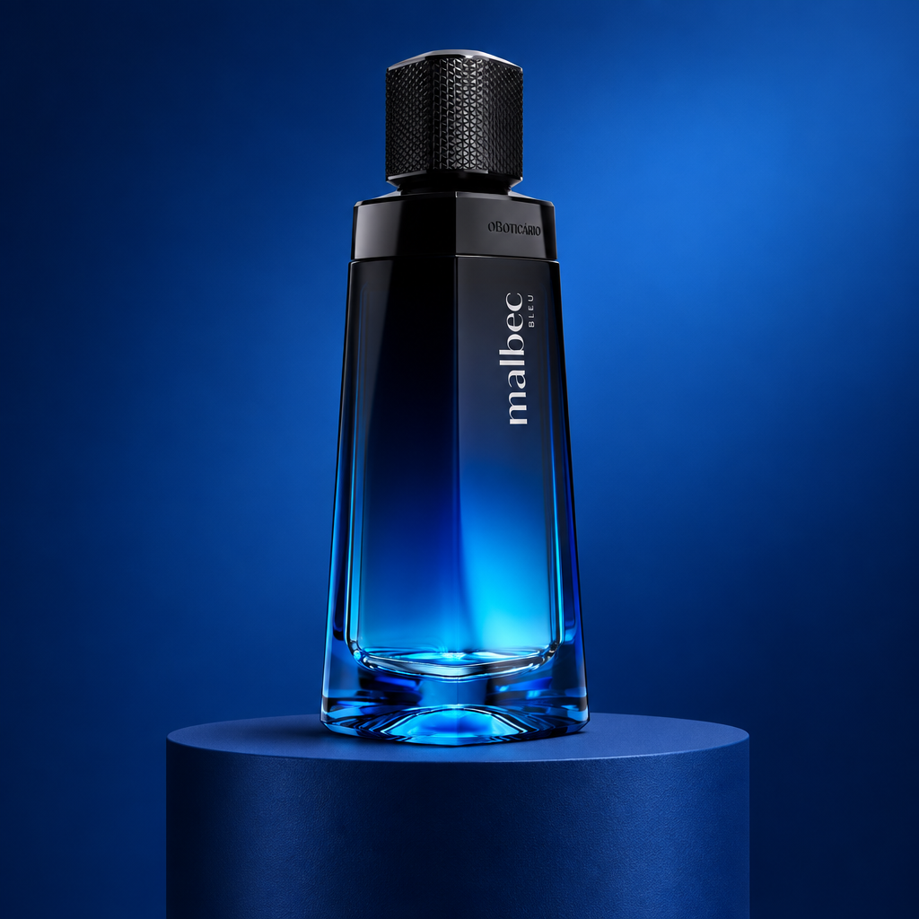 Malbec Bleu Eau de Toilette sobre base geométrica azul com fundo em tons de azul