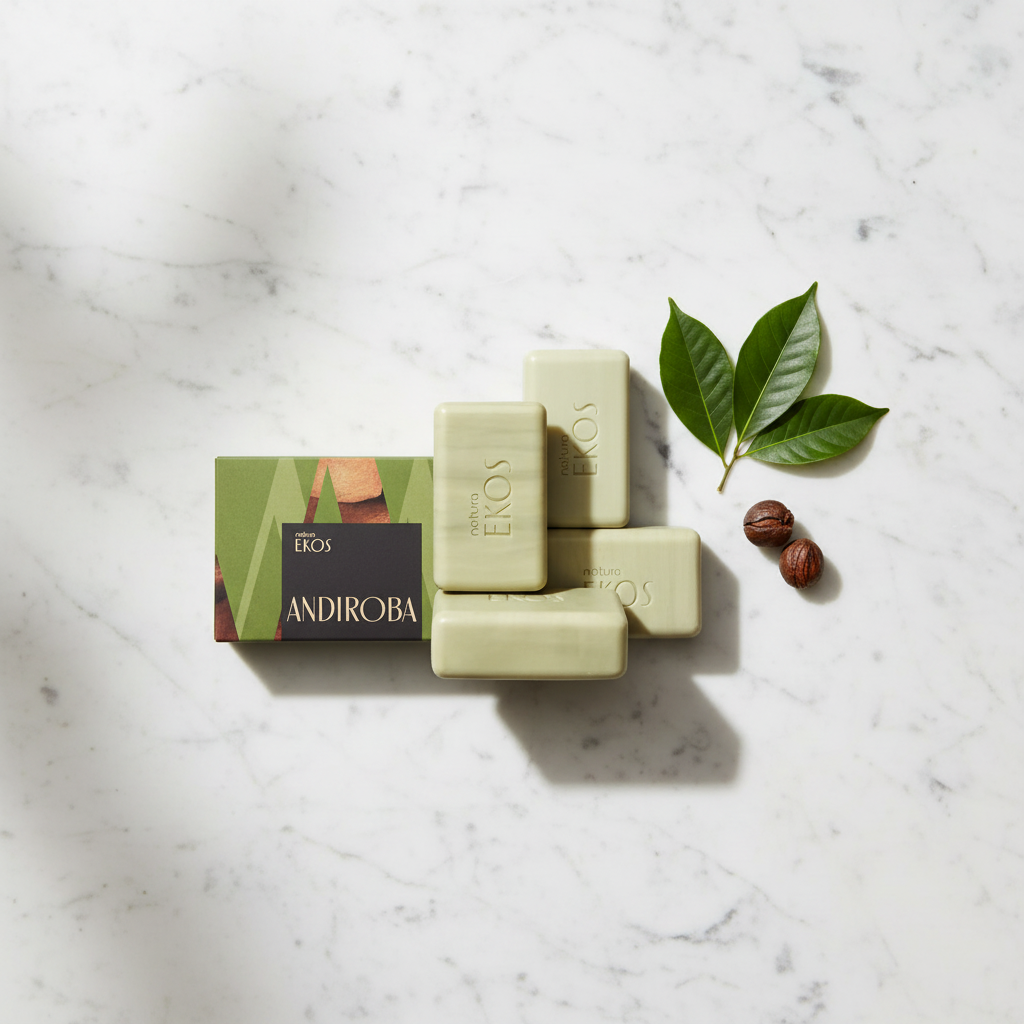 Natura Ekos Andiroba Sabonete 4x100g - flat lay mármore