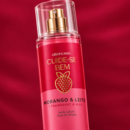 Detalhe premium do rótulo e tampa do Body Splash Cuide-se Bem Morango & Leite 200 ml