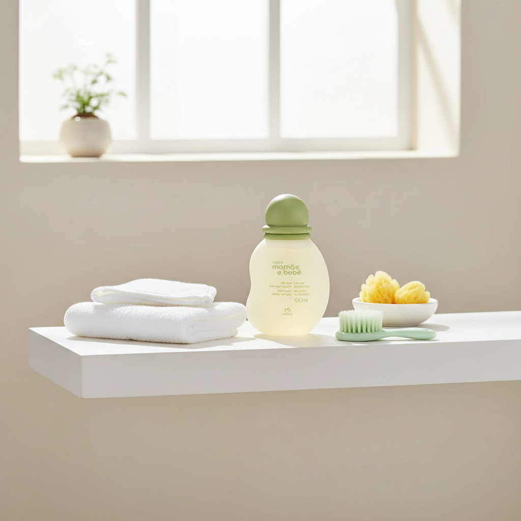 Óleo Mamãe e Bebê em banheiro minimalista