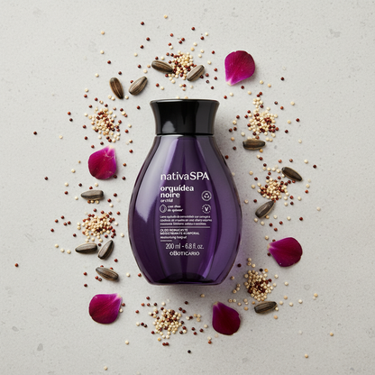 Óleo Corporal Nativa SPA Orquídea Noire - flat lay com ingredientes naturais