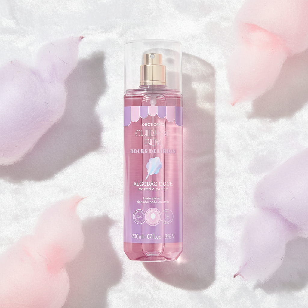 Body Splash Cuide-se Bem Doces Delírios - flat lay com algodão doce