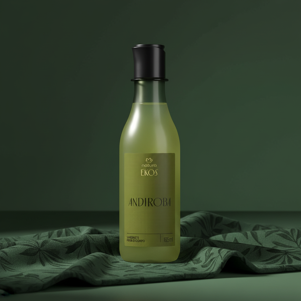 Sabonete Líquido Corporal Natura Ekos Andiroba 195 ml em ambientação minimalista com tecido de inspiração botânica
