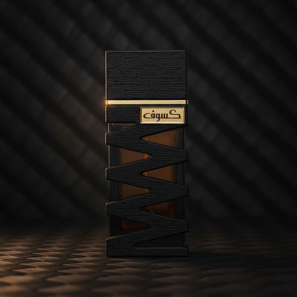Perfume Kasoof Black Extract com acento de luz dourada