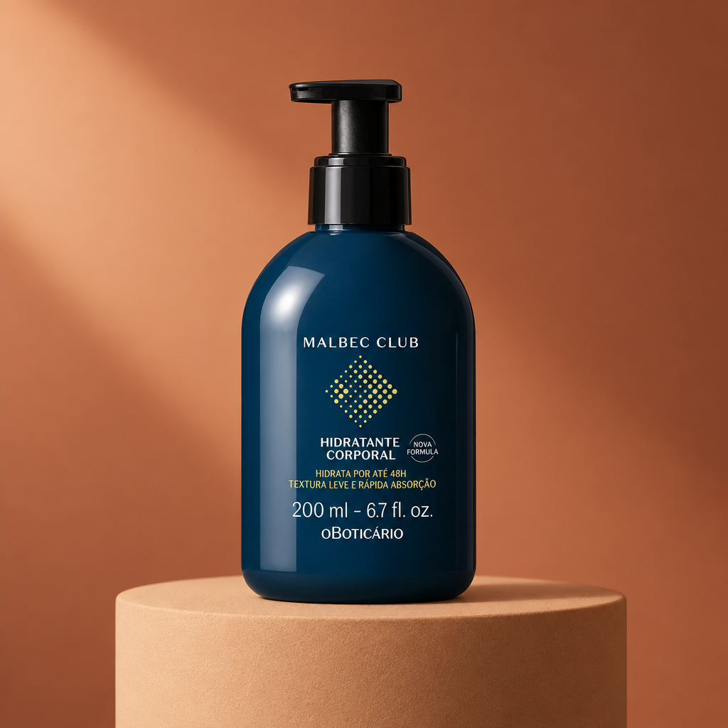 Hidratante Corporal Malbec Club 200ml — O Boticário sobre base geométrica bege com fundo terracota