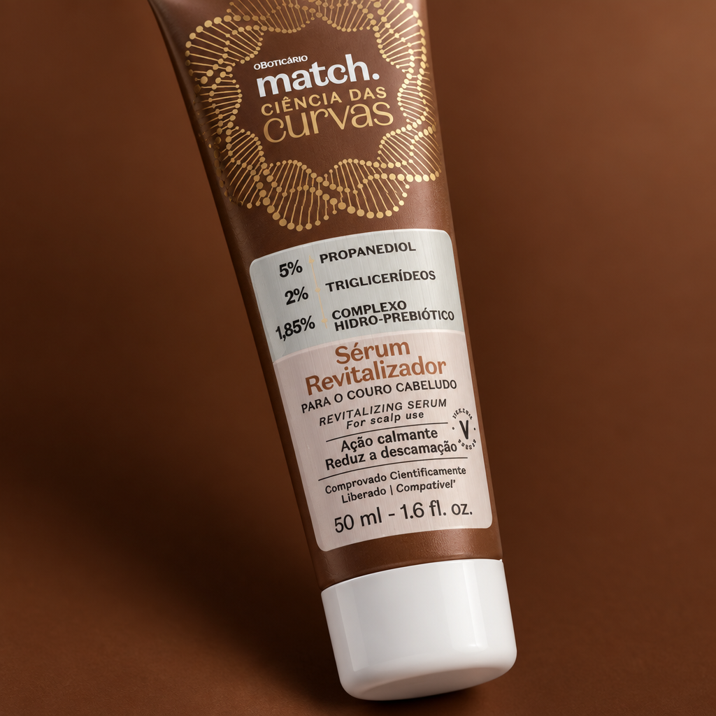 Detalhe premium do rótulo e embalagem do Sérum Revitalizador Match Ciência das Curvas 50ml