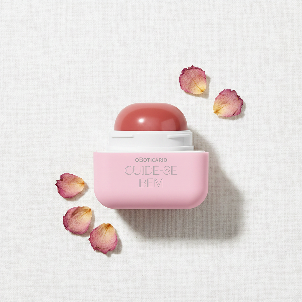 Hidratante Labial Rosa Nude Cuide-se Bem Deleite flat lay pétalas