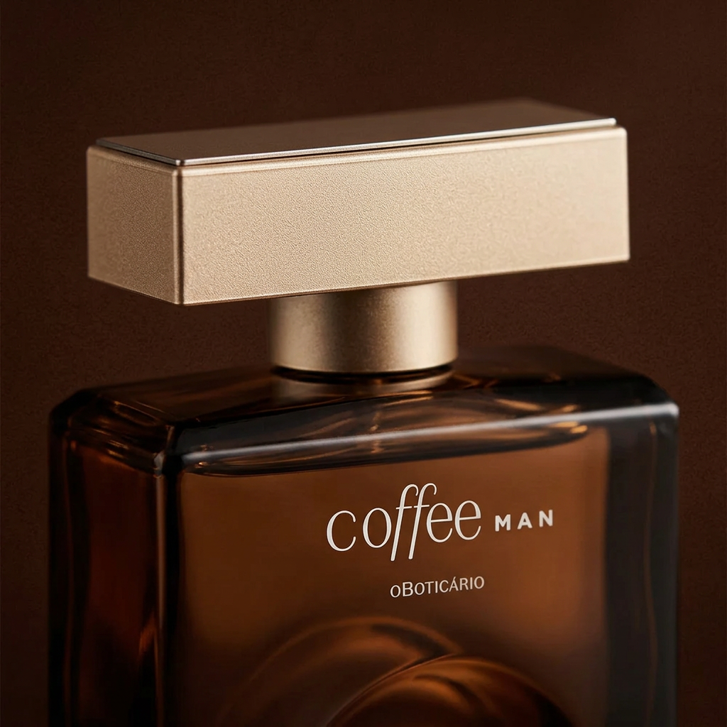 Detalhe premium da tampa e do frasco Coffee Man