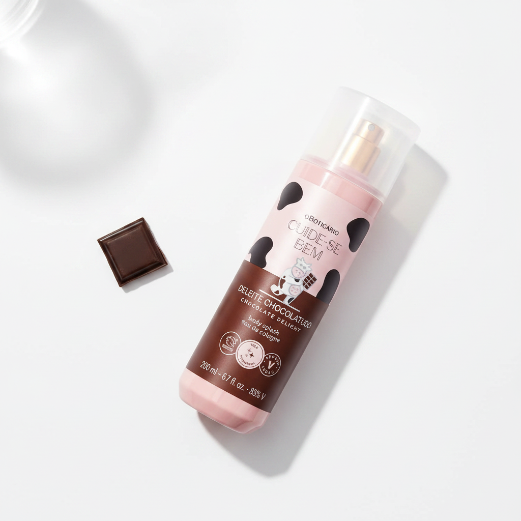 Body Splash Cuide-se Bem Deleite Chocolatudo 200ml - flat lay com chocolate