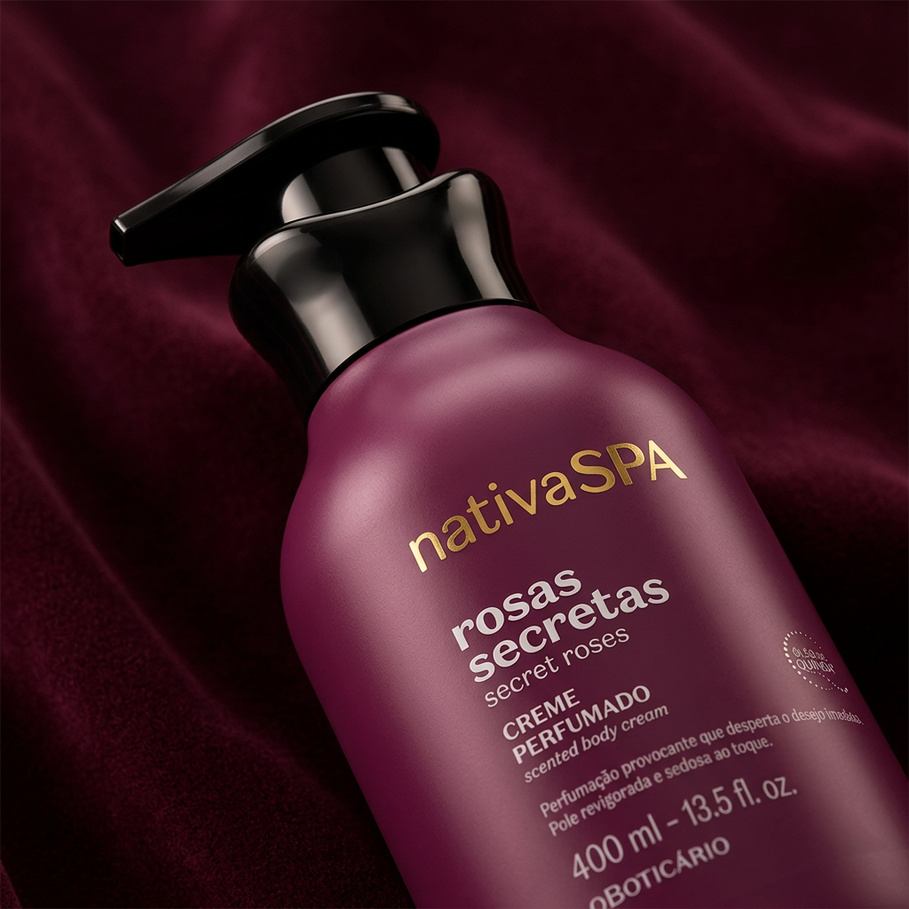 Detalhe premium da embalagem Nativa SPA Rosas Secretas