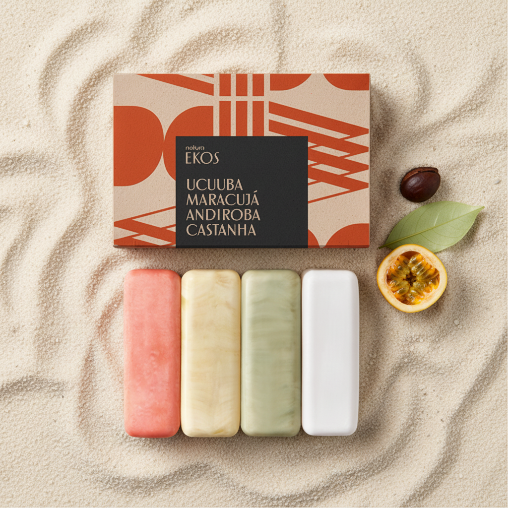 Kit de sabonetes Natura Ekos Ucuuba Maracujá Andiroba Castanha com elementos naturais em composição minimalista