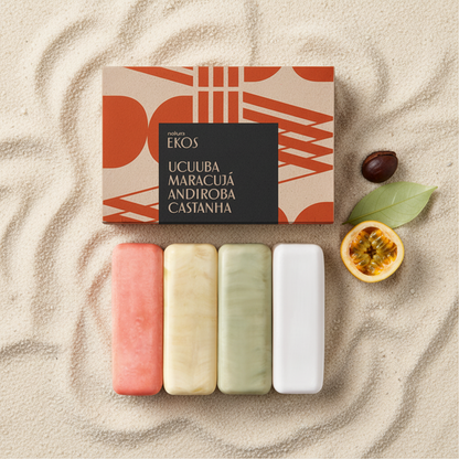 Kit de sabonetes Natura Ekos Ucuuba Maracujá Andiroba Castanha com elementos naturais em composição minimalista