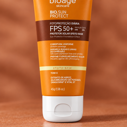 Bioage Bio-Sunprotect Protetor Solar Efeito Base FPS 50+ Tom 4, 45 g, close-up da tampa e do rótulo Tom 4