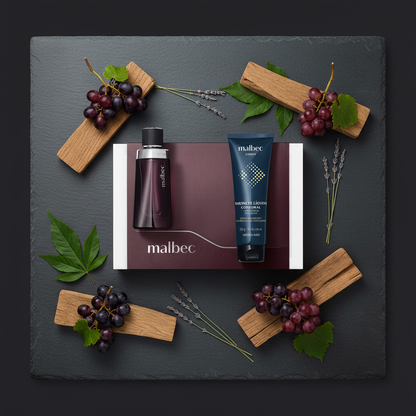 Coffret Malbec - flat lay carvalho e uvas