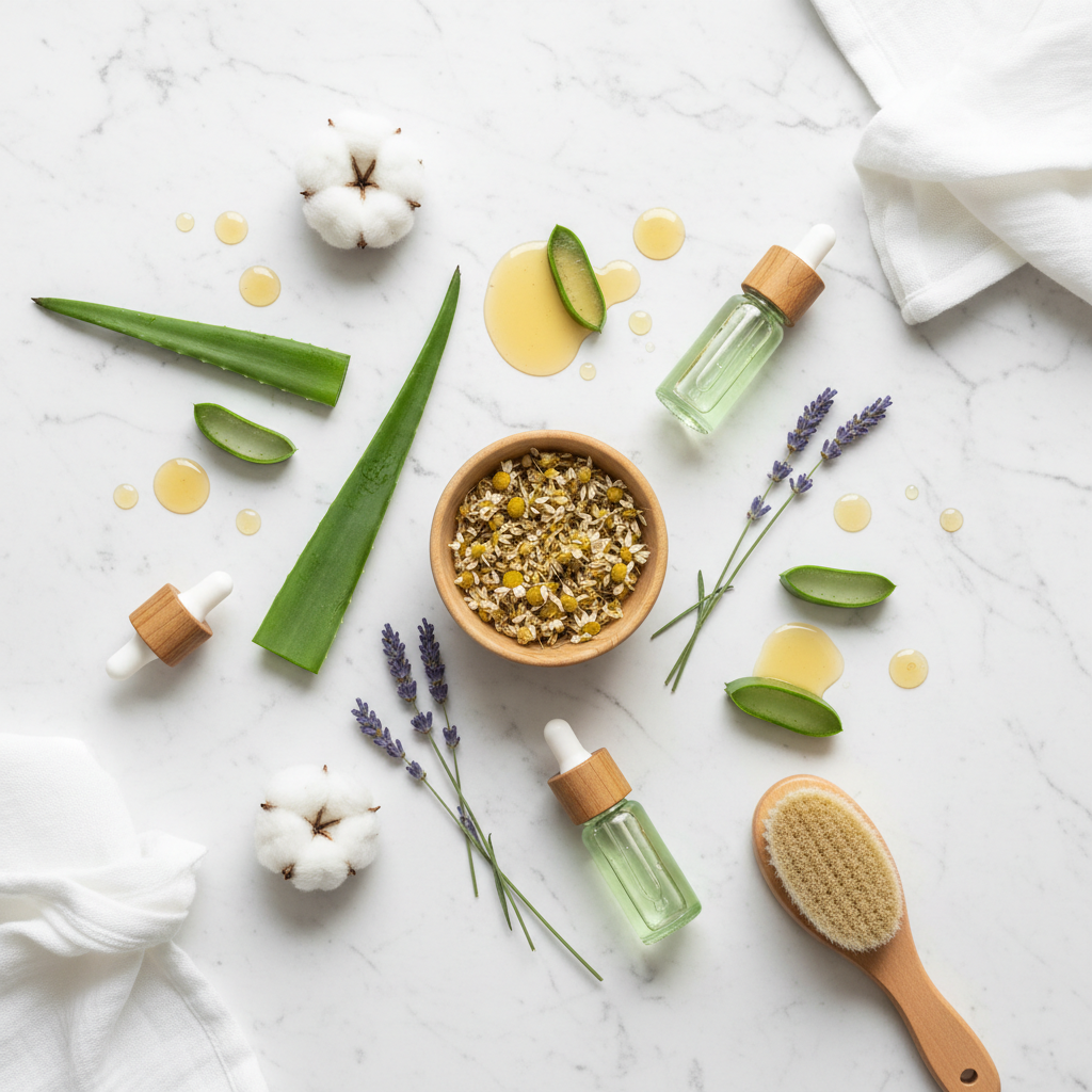 Ingrédients naturels pour soins bébé - Composition flat lay